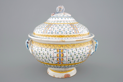 A large polychrome pottery tureen and cover, North of France, 18th C.