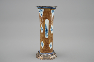 A Dutch Delft capucin brown miniature vase with silver mounts, 18th C.