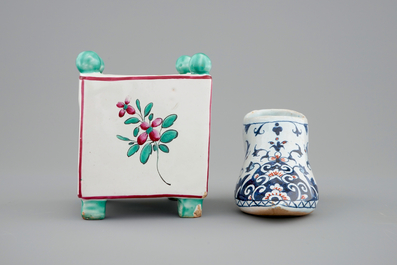 A French faience miniature square flower pot and a Rouen faience shoe, 18/19th C.