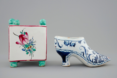 Un pot &agrave; fleurs en fa&iuml;ence de l'Est et une chaussure en Rouen, 18/19&egrave;me