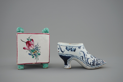 A French faience miniature square flower pot and a Rouen faience shoe, 18/19th C.