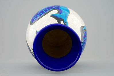 A Charles Catteau crackle glazed vase with deers for Boch K&eacute;ramis, 1st half 20th C.