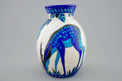 A Charles Catteau crackle glazed vase with deers for Boch K&eacute;ramis, 1st half 20th C.