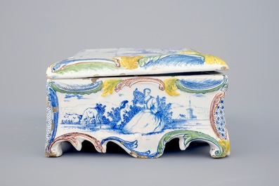 A rare polychrome Dutch Delft jewellery box with cover, 18th C.