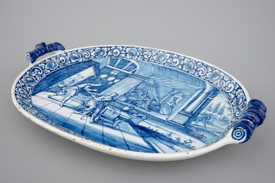 An oval blue and white Dutch Delft serving tray with a biblical scene, 18th C.