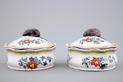 A pair of polychrome Brussels faience butter tubs with mice, 18th C.