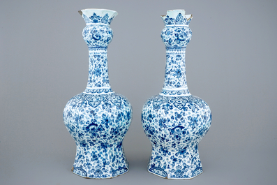 Two large Dutch Delft garlic neck vases with millefiori design, late 17th C.