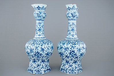 Two large Dutch Delft garlic neck vases with millefiori design, late 17th C.