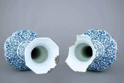 Two large Dutch Delft garlic neck vases with millefiori design, late 17th C.