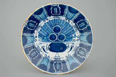 3 Dutch Delft dishes, blue, white and polychrome, 18th C.