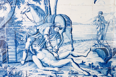 A very large blue and white Dutch Delft tile panel, Makkum, Friesland, 18th C.