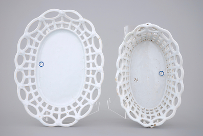 A white monochrome Brussels faience open-worked basket on stand, 18th C.