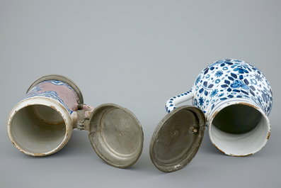 Two pewter-mounted Delft jugs and two blue and white tiles, 17/18th C.