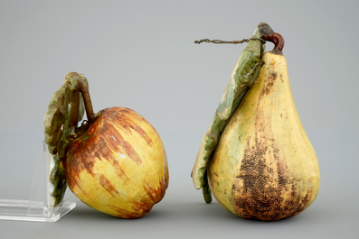 A polychrome Dutch Delft apple and a pear, 18th C.