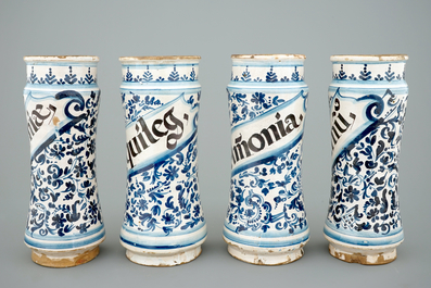 A set of four tall Spanish blue and white albarelli, 18th C.
