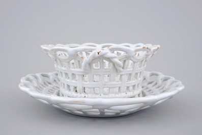 A white monochrome Brussels faience open-worked basket on stand, 18th C.