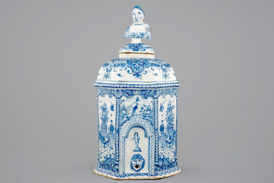 A Dutch Delft blue and white wall cistern with basin, 18th C.