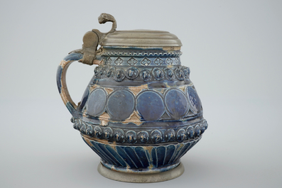 A pewter-mounted Muskau stoneware stein, dated 1660