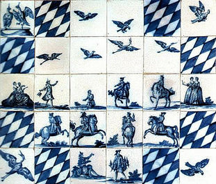 Een veld van vier blauw-witte Delftse tegels met jachtvogels uit slot Falkenlust, ca. 1730