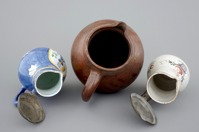 A pewter-mounted Brussels faience jug, a large Raeren jug and a Northern-French jug, 18/19th C.