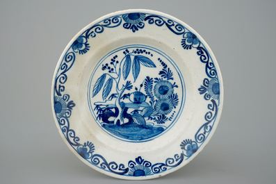 3 Dutch Delft dishes, blue, white and polychrome, 18th C.