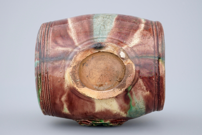 A polychrome glazed pottery barrel-shaped jug, Saintonge, France, 17th C.