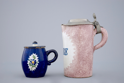 A Brussels faience dish, a beer stein and a mustard jar, 18th C.