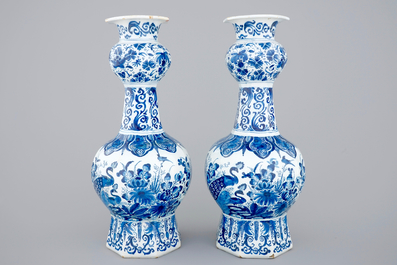 A pair of blue and white Dutch Delft vases with peacocks, ca. 1700