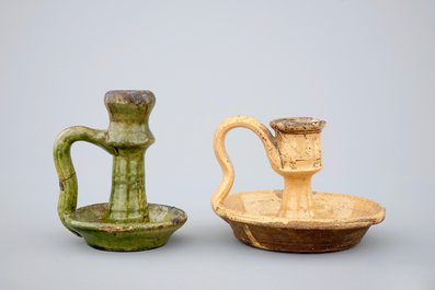 Two medieval tiles and two late medieval candlesticks, 16/17th C.