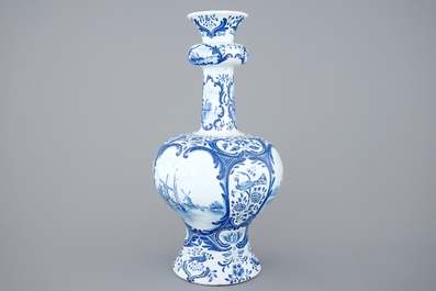 A very tall blue and white Dutch Delft garlic neck vase, Makkum, 19th C.