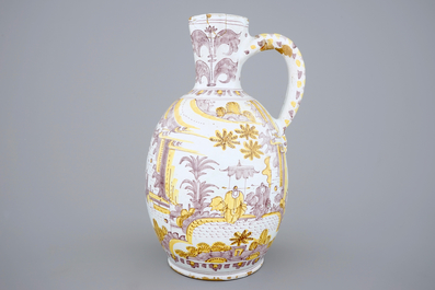 A large yellow and manganese chinoiserie jug, Frankfurt or Delft, 17th C.