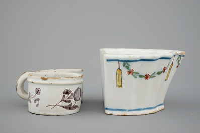 A Dutch Delft strainer, a wall flower holder and a cruet stand in French faience, 18th C.