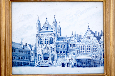 Two Dutch Delft blue and white plaques with city views, Makkum, 19th C.