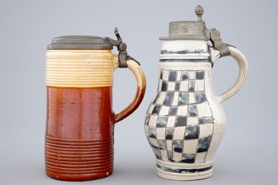 A stoneware jug and a K&ouml;ln pewter-mounted jug, 18th c.