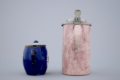 A Brussels faience dish, a beer stein and a mustard jar, 18th C.