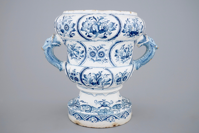 A large blue and white two-handled flower pot, Makkum, Friesland, 18th C.
