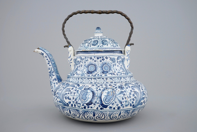 A large blue and white teapot kettle with iron handle, Bolsward, Friesland, 18th C.