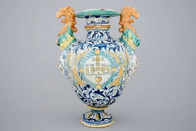 An Antwerp maiolica altar vase with a foglie decoration and IHS-panel, 16th C.