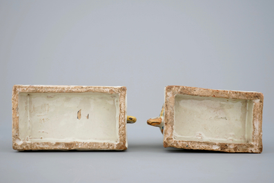 A pair of polychrome Spanish Talavera pottery lions, 18th C.