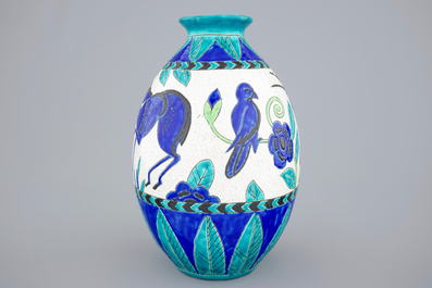Een craquel&eacute; glazuur vaas met decor van vogels, Charles Catteau, Boch K&eacute;ramis, 1e helft 20e eeuw
