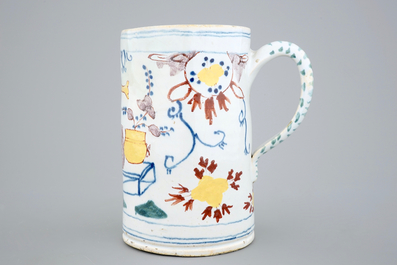 A very large Dutch Delft polychrome beer mug, 18th C.