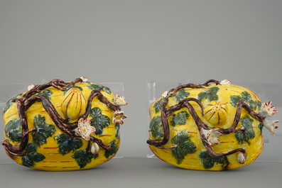 A pair of polychrome Dutch Delft pumpkin tureens and cover, 18th C.