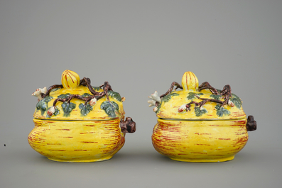 A pair of polychrome Dutch Delft pumpkin tureens and cover, 18th C.