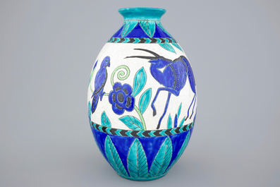 A Charles Catteau crackle glazed vase with birds for Boch K&eacute;ramis, 1st half 20th C.