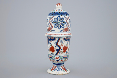 A polychrome Dutch Delft caster with lightning decoration, late 17th C.