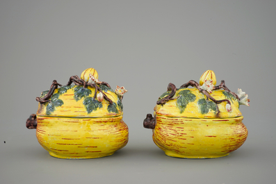 A pair of polychrome Dutch Delft pumpkin tureens and cover, 18th C.