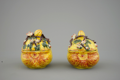 A pair of polychrome Dutch Delft pumpkin tureens and cover, 18th C.