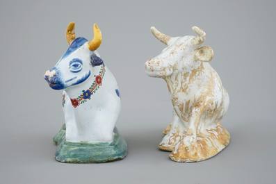 Two Dutch Delftware models of cows, 18/19th C.