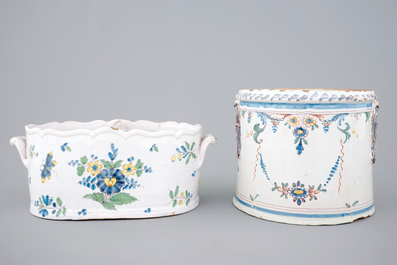 Two bottle or glass coolers in polychrome French faience, 18th C.