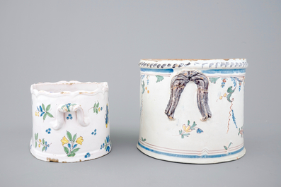 Two bottle or glass coolers in polychrome French faience, 18th C.